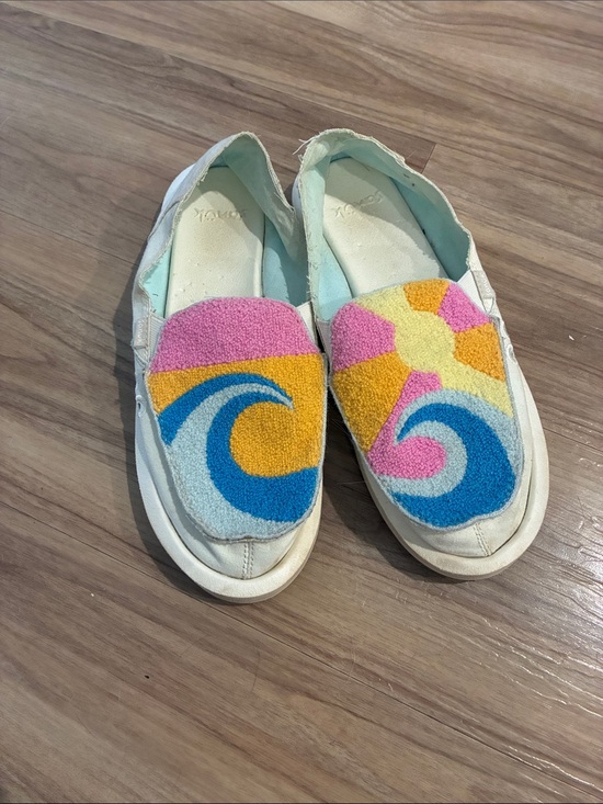 Sanuk Shoes - Sanuk White Canvas Slip-Ons with Pink, Blue, Yellow & Orange Tufted Accents